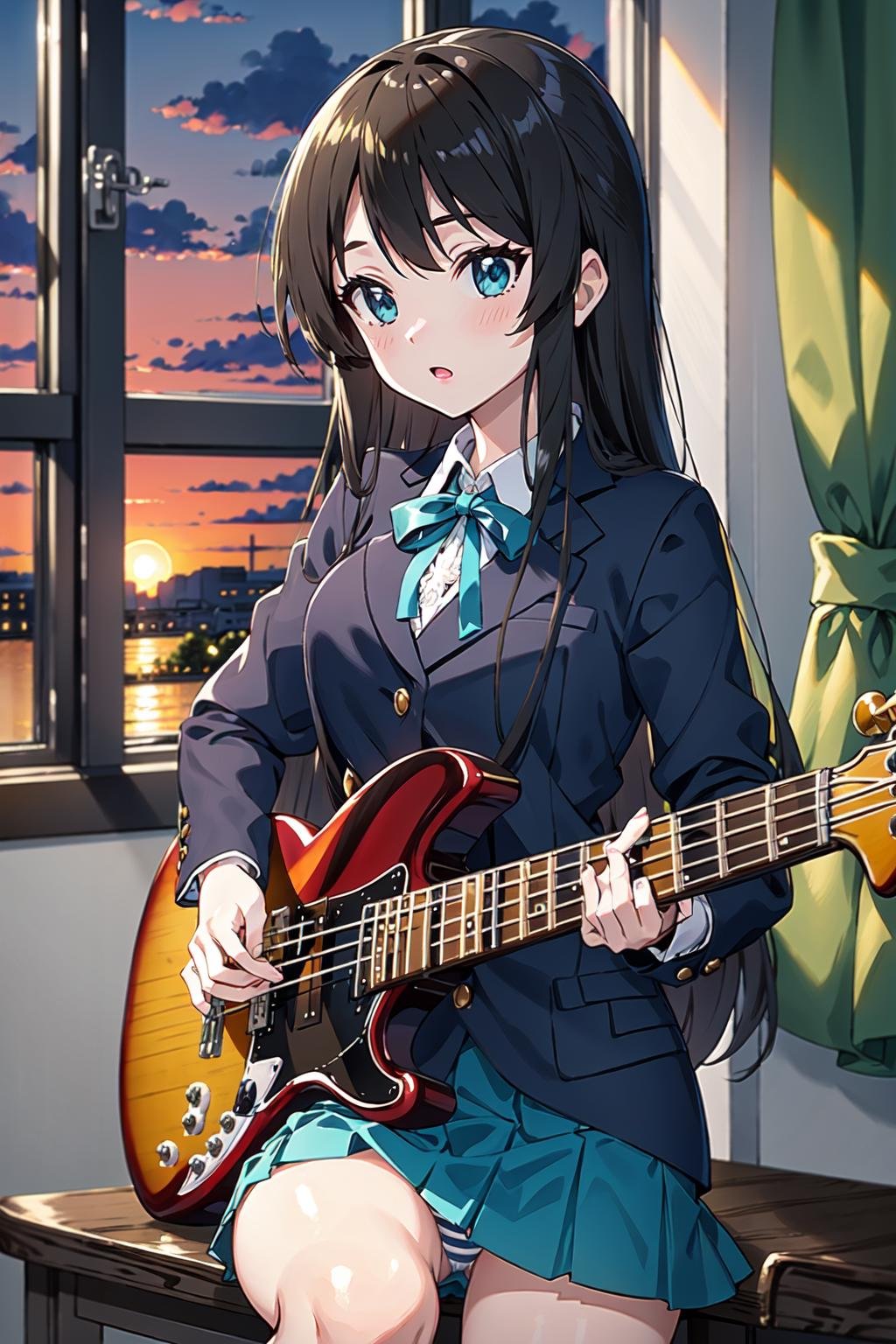 (masterpiece, illustration,best quality,delicate details), (intricate details:1.2),<lora:Mio_Akiyama_V2_3000:0.7>,hime cut, black long hair,(paleturquoise skirt:1.1),playing bass guitar,  hand by Guido Daniele,Mio_Akiyama_\(k_on\),school uniform,  jacket, classroom, window, curtains, dusk, sunset, (window shade),black socks,(blue striped panties),