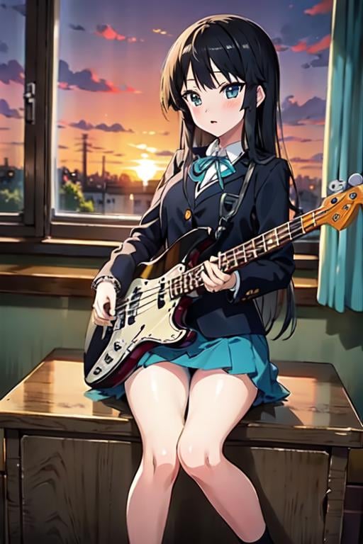 (masterpiece, illustration,best quality,delicate details), (intricate details:1.2),<lora:Mio_Akiyama_V2_3000:0.7>,hime cut, black long hair,(paleturquoise skirt:1.1),playing bass guitar,  hand by Guido Daniele,Mio_Akiyama_\(k_on\),school uniform,  jacket, classroom, window, curtains, dusk, sunset, (window shade),black socks,(blue striped panties),