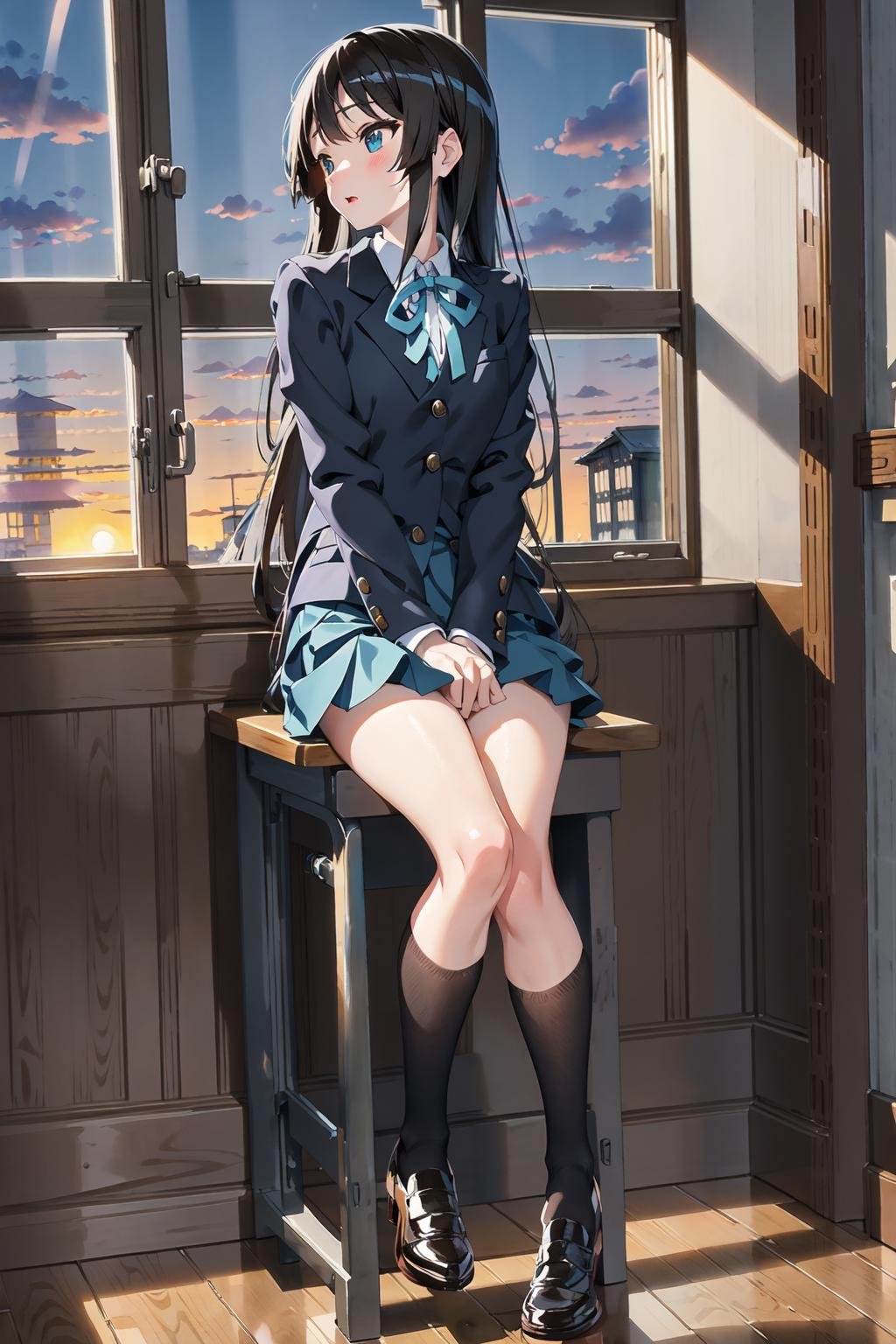 masterpiece, illustration,best quality,delicate details,<lora:Mio_Akiyama_V2_3000:0.7>,playing  bass_guitar, hime cut, black long hair,aqua skirt, full body, hand by Guido Daniele,Mio_Akiyama_\(k_on\),from front,school uniform, jacket,(sitting on school desk), classroom, window, curtains, dusk, sunset, (window shade), mount fuji, 