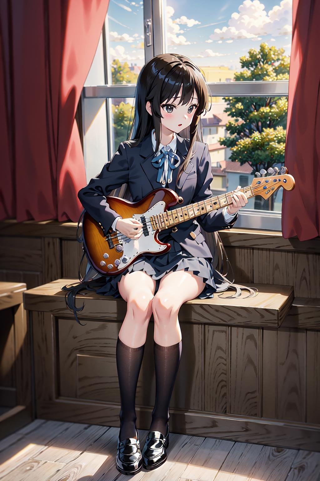 masterpiece, illustration,best quality,delicate details,<lora:Mio_Akiyama_V2_3000:0.7>,playing  bass_guitar, hime cut, black long hair,skirt, full body, hand by Guido Daniele,Mio_Akiyama_\(k_on\),from front,school uniform, jacket,sitting on school desk, floating hair, classroom, window, window shade, curtains, dusk, sunset, 