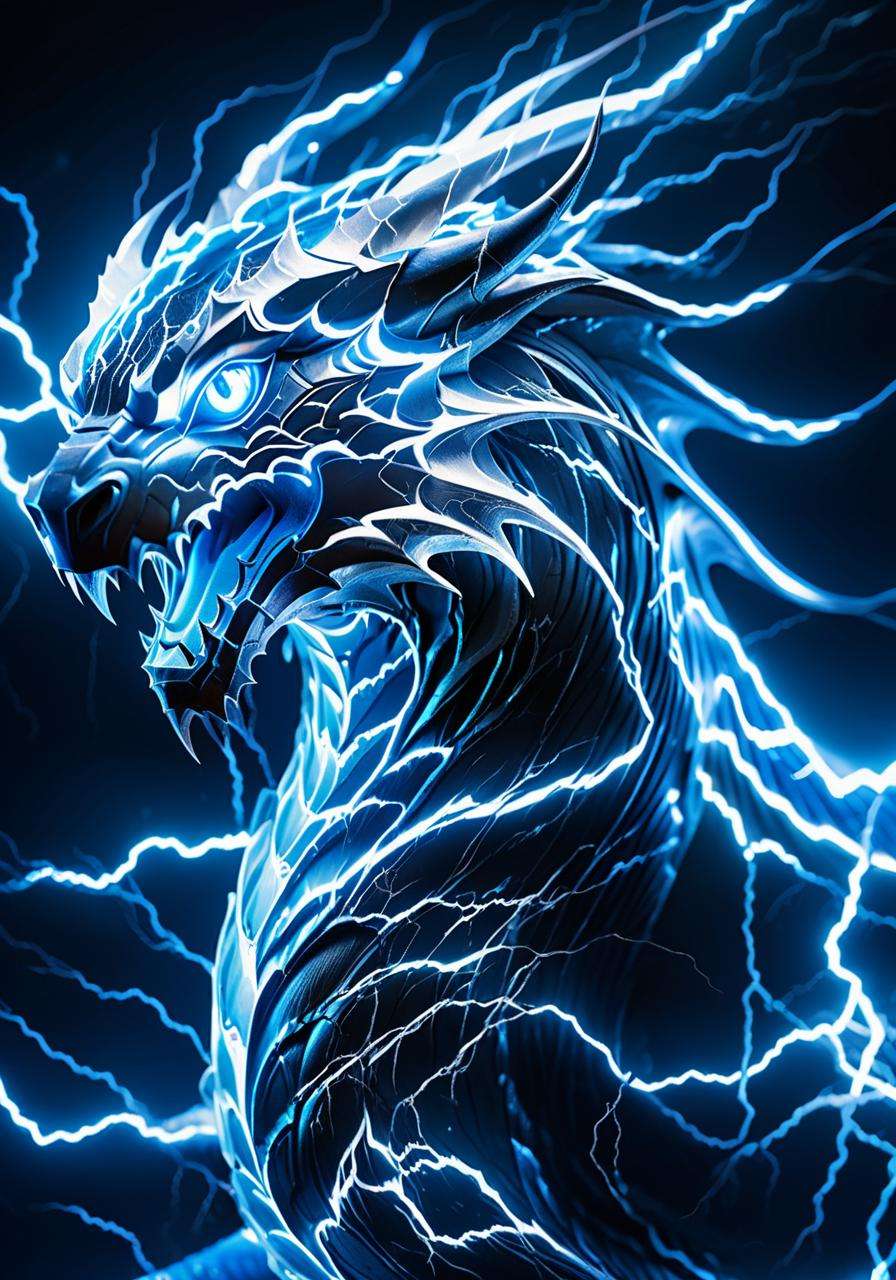 (Masterpiece, high quality, best quality, official art, beauty and aesthetics:1.2),<lora:xl_shanbailing_0927lightning-000010:0.9>,thunder,composed of elements of thunder,no humans,glowing,glowing eyes,blue theme,dragon,