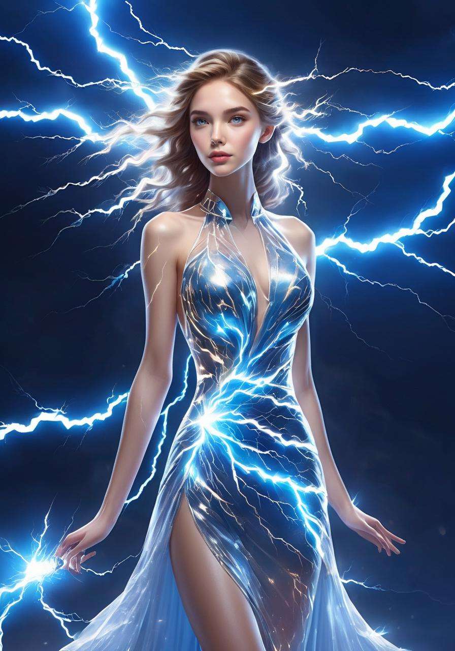 (Masterpiece, high quality, best quality, official art, beauty and aesthetics:1.2),(1girl:1.3),formal_dress,wedding_dress,<lora:xl_shanbailing_0927lightning-000010:1>,(A girl wrapped in lightning soaring thunderbolts radiate thunderbolts),composed of elements of thunder,thunder,electricity,transparency,((translucent luminous body)),