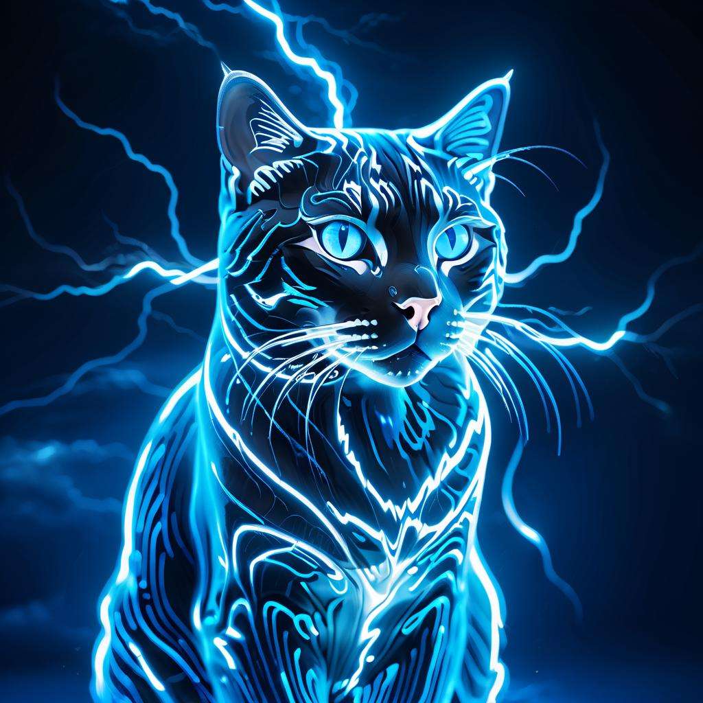 (Masterpiece, high quality, best quality, official art, beauty and aesthetics:1.2),<lora:xl_shanbailing_0927lightning-000010:0.9>,thunder,composed of elements of thunder,cat,no humans,glowing,glowing eyes,blue theme,