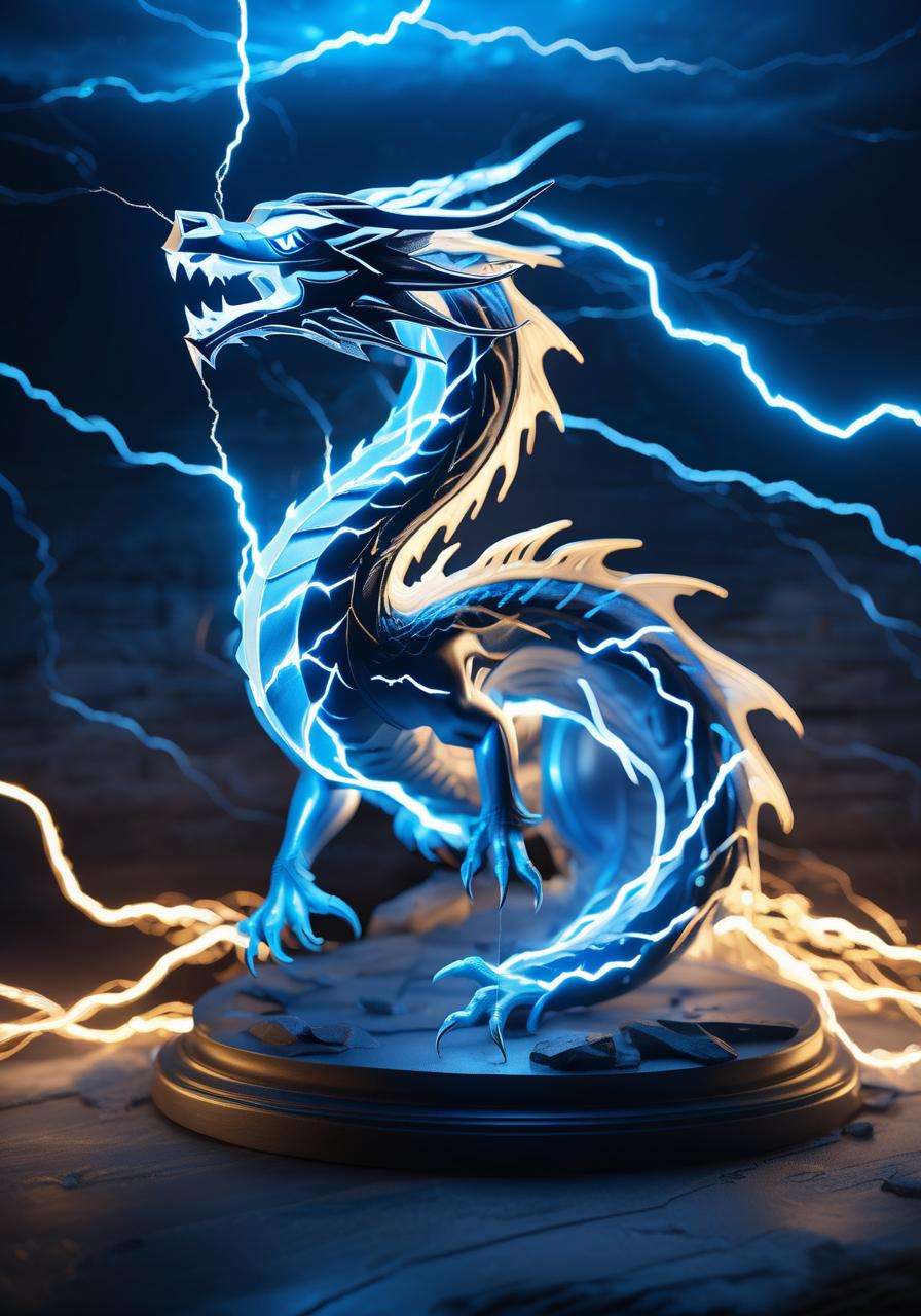 (Masterpiece, high quality, best quality, official art, beauty and aesthetics:1.2),<lora:xl_shanbailing_0927lightning-000010:0.9>,thunder,composed of elements of thunder,dragon,flying,no humans,glowing,glowing eyes,blue theme,electricity,