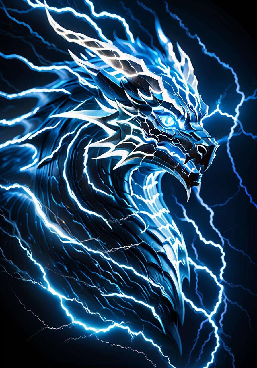(Masterpiece, high quality, best quality, official art, beauty and aesthetics:1.2),<lora:xl_shanbailing_0927lightning-000010:0.9>,thunder,composed of elements of thunder,no humans,glowing,glowing eyes,blue theme,dragon,