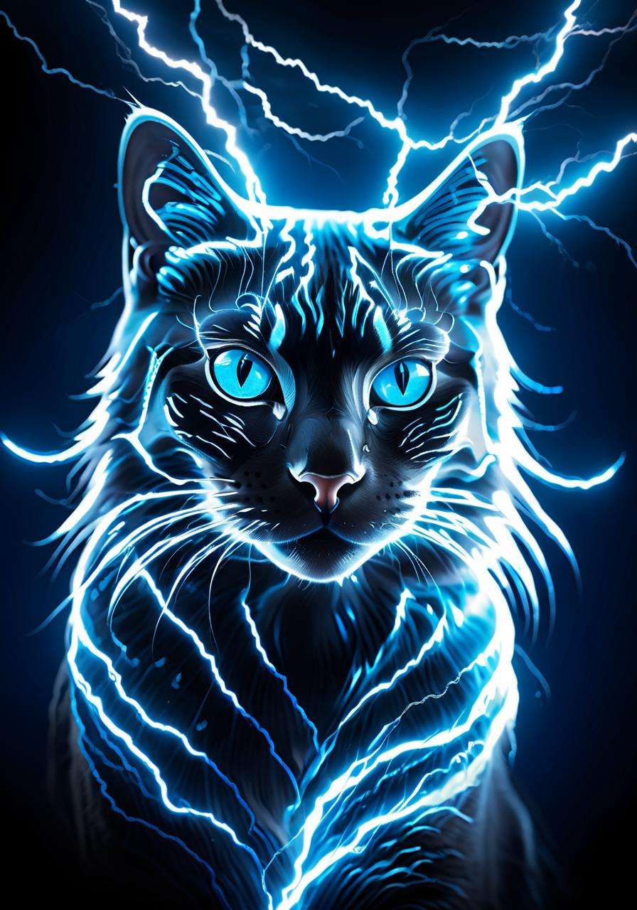 (Masterpiece, high quality, best quality, official art, beauty and aesthetics:1.2),<lora:xl_shanbailing_0927lightning-000010:0.9>,thunder,composed of elements of thunder,cat,no humans,glowing,glowing eyes,blue theme,