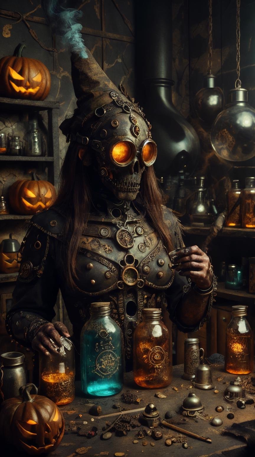 <lora:HalloweenGlowStyle:1>RAW Photo of HalloweenGlowStyle Turquoise  looking at viewer, solo, (full body:0.6), detailed background, detailed face, (<lora:SteamPunkBundleV3:0.4>, cogpunkai, cogpunk theme:1.1), medieval alchemist, goggles, workshop in background, alchemical implements, metal container,  tubes, vials, beakers,  gunpowder, fumes, philosophers stone,      magical fantasy atmosphere,  , (Masterpiece:1.3) (best quality:1.2) (high quality:1.1)