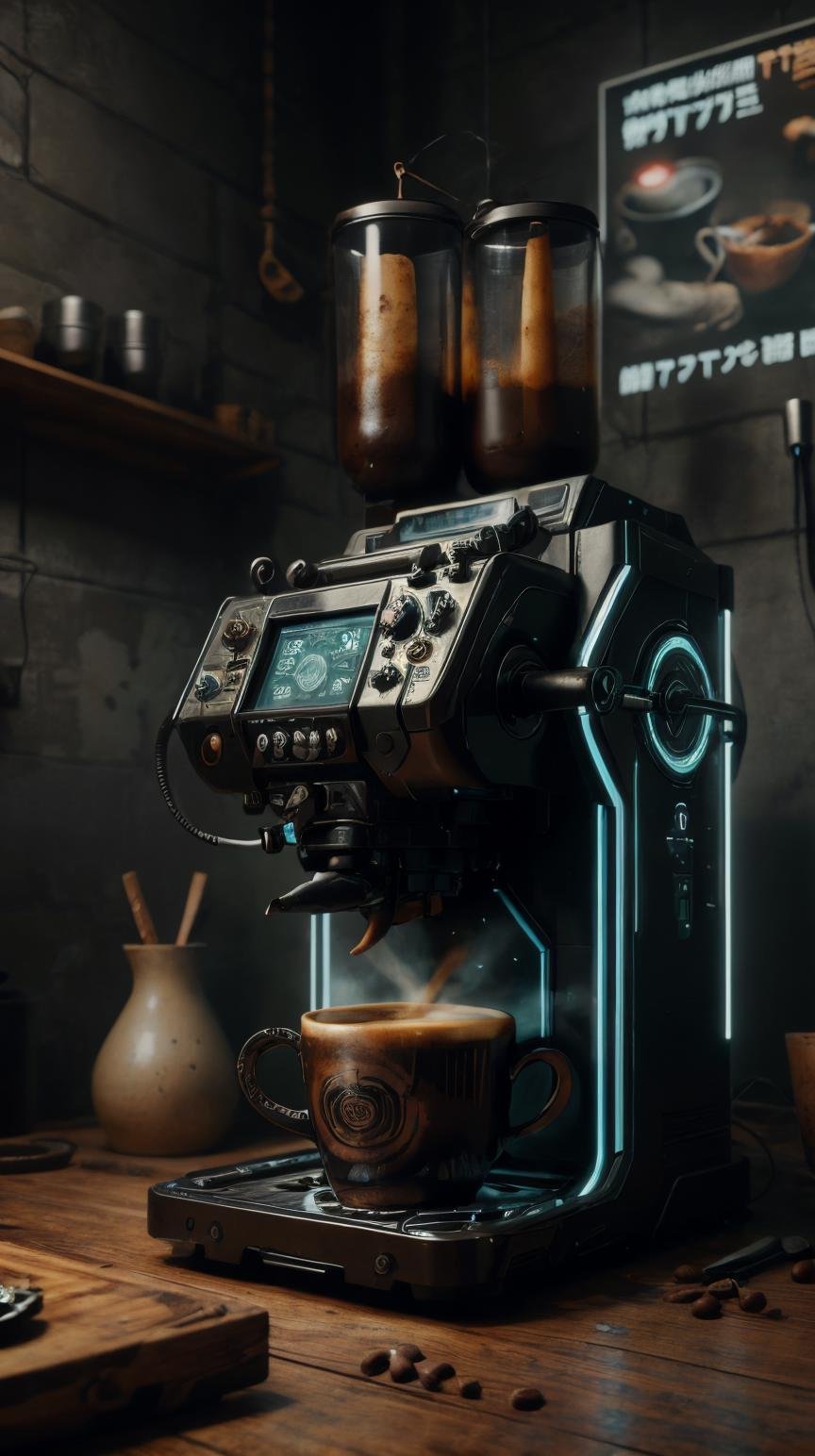 <lora:C7b3rp0nkStyle:1>RAW Photo of C7b3rp0nkStyle coffee machine, cyberpunk style, photorealistic, (Masterpiece:1.3) (best quality:1.2) (high quality:1.1)