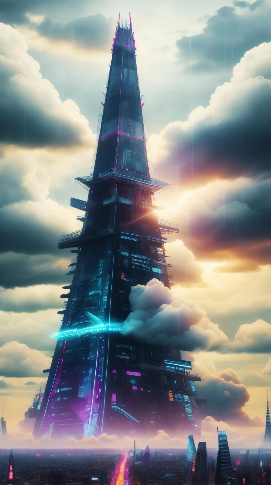 <lora:C7b3rp0nkStyle:1>RAW Photo of C7b3rp0nkStyle view of the shard piercing into a cloud-filled sky from a rainy London street, (Masterpiece:1.3) (best quality:1.2) (high quality:1.1)