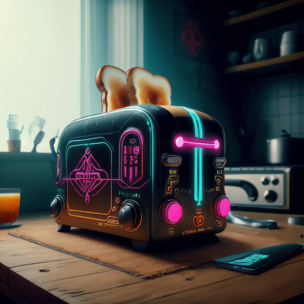 <lora:C7b3rp0nkStyle:1>RAW Photo of C7b3rp0nkStyle toaster, cyberpunk style, photorealistic, (Masterpiece:1.3) (best quality:1.2) (high quality:1.1)