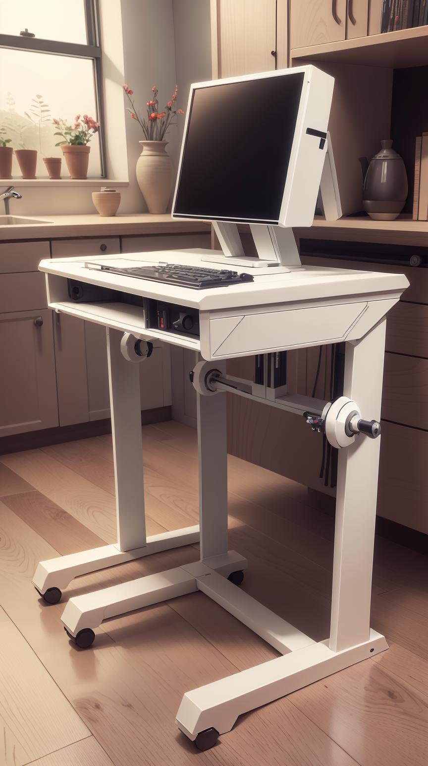 <lora:TheEmpireStyle:1> TheEmpireStyle, white, adjustable standing desk, hi-tech plastic