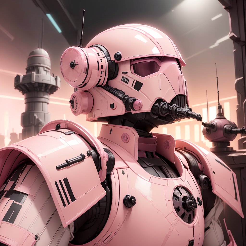 <lora:TheEmpireStyle:1> TheEmpireStyle, (Light_pink:1.5) color, portrait, solo, half shot, looking up, detailed background, detailed face, ( theme:1.1), guard, guarding, resolute,  rusty armor,  heraldry,  turrets in background,   night, medieval atmosphere,, hi-tech plastic , retro futurism