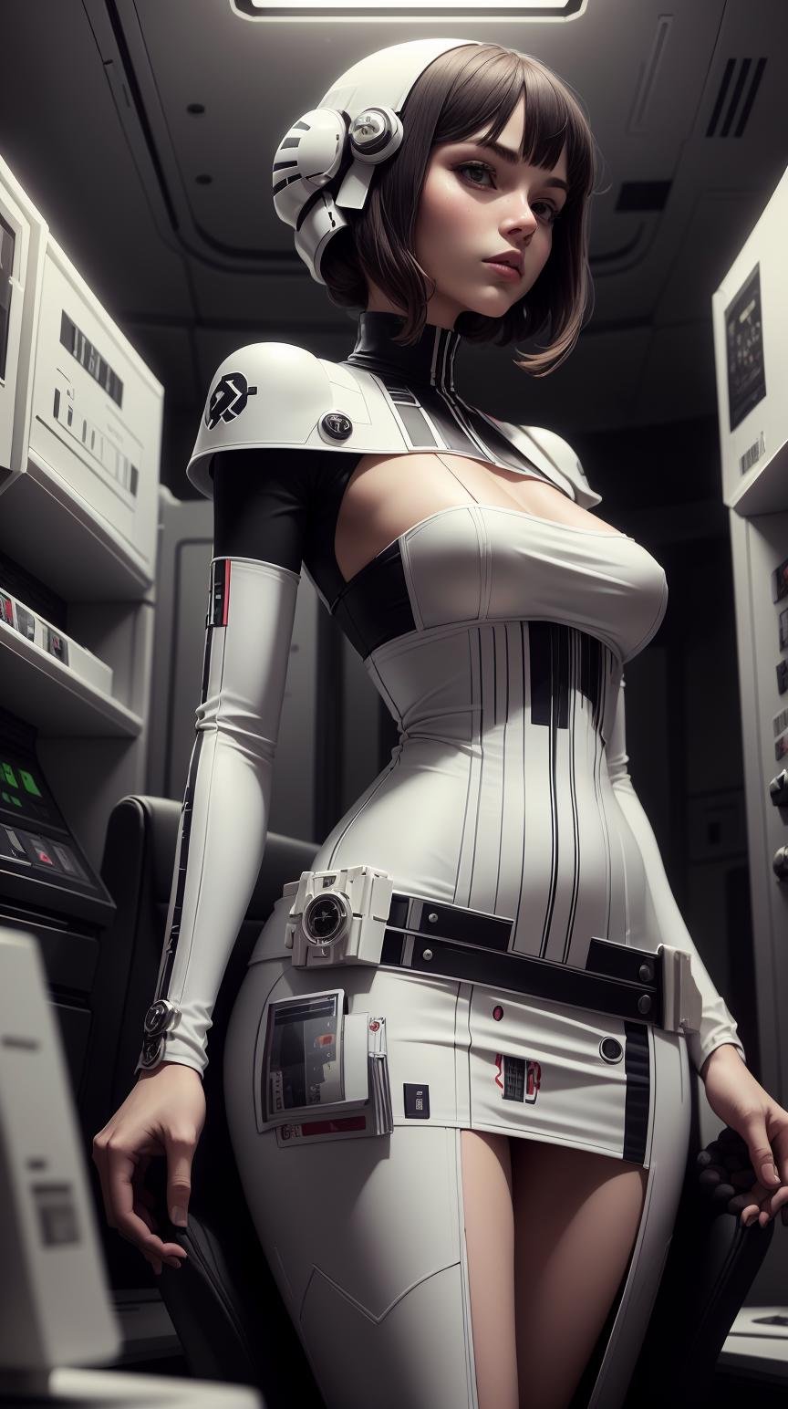 <lora:TheEmpireStyle:1> TheEmpireStyle, white, person in a dress composed of outdated credit cards, hi-tech plastic