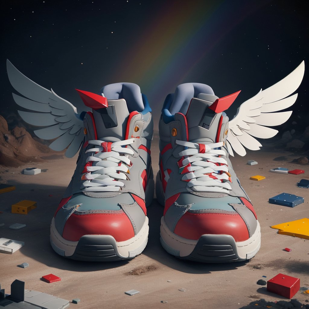 NESStyle a pair of winged shoes resting at the base of a rainbow, <lora:NESStyle:1>, (Masterpiece:1.3) (best quality:1.2) (high quality:1.1)