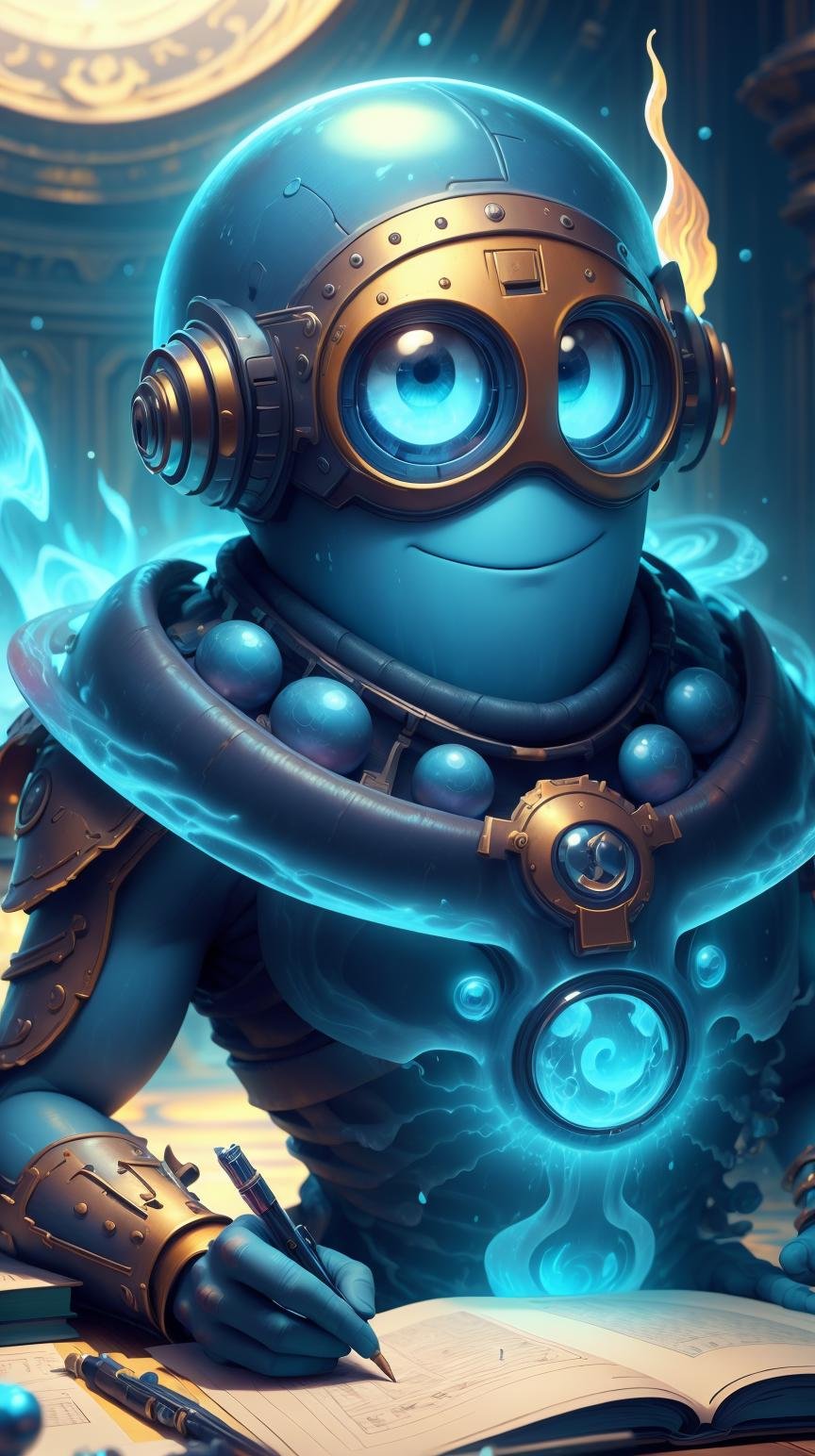 <lora:MinionStyle:1.25> MinionStyle Blue (style-swirlmagic:1.0),  solo, upper body, looking at viewer, detailed background, detailed face, intricate details, (<lora:Unholy:0.5>, Sc3pt4, scifi theme:1.1) scholar sitting at desk, simple clothes, reading, smiling,  surrounded by books,    scrolls,  magic texts, runes, abacus,  cryptic device, formulas,   magic emerging from text, ancient magic,    thought, study room in background,  ethereal atmosphere,, (Masterpiece:1.3) (best quality:1.2) (high quality:1.1)