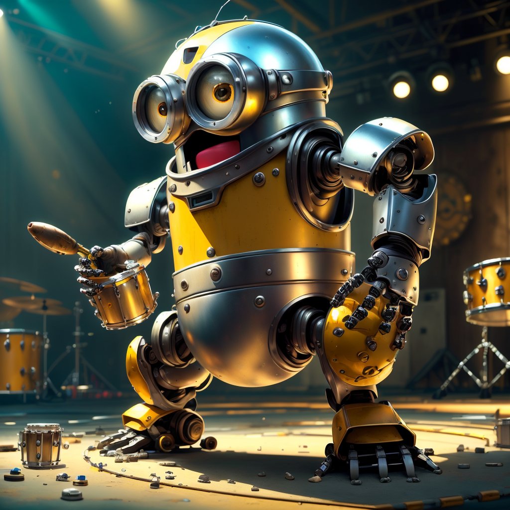 <lora:MinionStyle:1.25> MinionStyle self-playing metallic drum set with robotic arms, (Photorealistic:1.3), (Masterpiece:1.3) (best quality:1.2) (high quality:1.1)