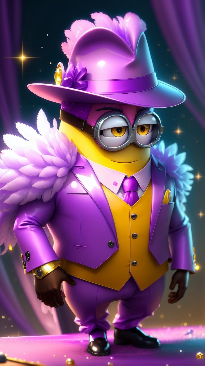 <lora:MinionStyle:1.25> MinionStyle Purple guy in a sequined hot pink suit with a feathered fedora, (Masterpiece:1.3) (best quality:1.2) (high quality:1.1)