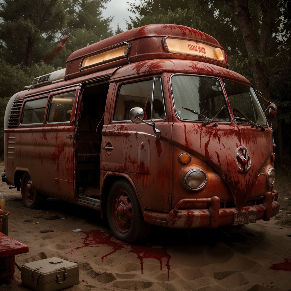 CarnageStyle, (blood_red:1.5), a retro Volkswagen bus parked at a campsite near a sandy beach, <lora:CarnageStyle:0.5>, slaughter,blood,darkness, (Masterpiece:1.3) (best quality:1.2) (high quality:1.1)