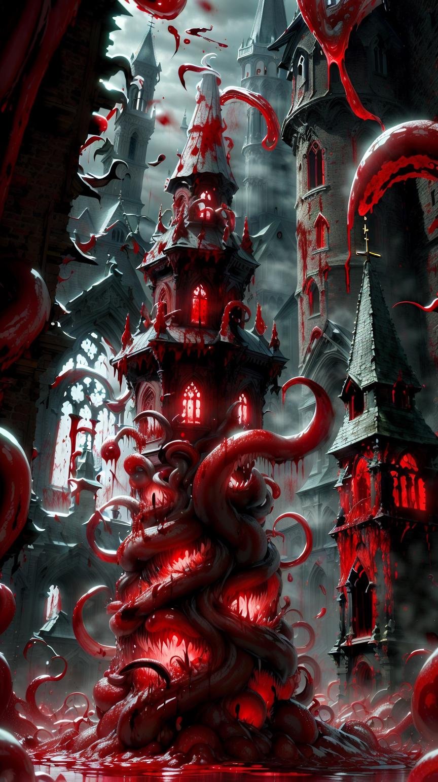 CarnageStyle, (blood_red:1.3), danish church with a towering spire and bell tower, <lora:CarnageStyle:1> liquid,red slime, (Masterpiece:1.3) (best quality:1.2) (high quality:1.1)