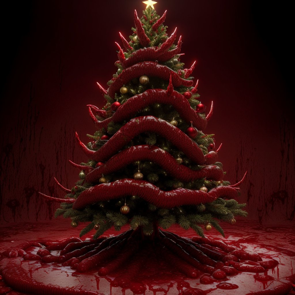 CarnageStyle, (blood_red:1.5), christmas tree, <lora:CarnageStyle:0.5>, feelers,killer,tongue, (Masterpiece:1.3) (best quality:1.2) (high quality:1.1)