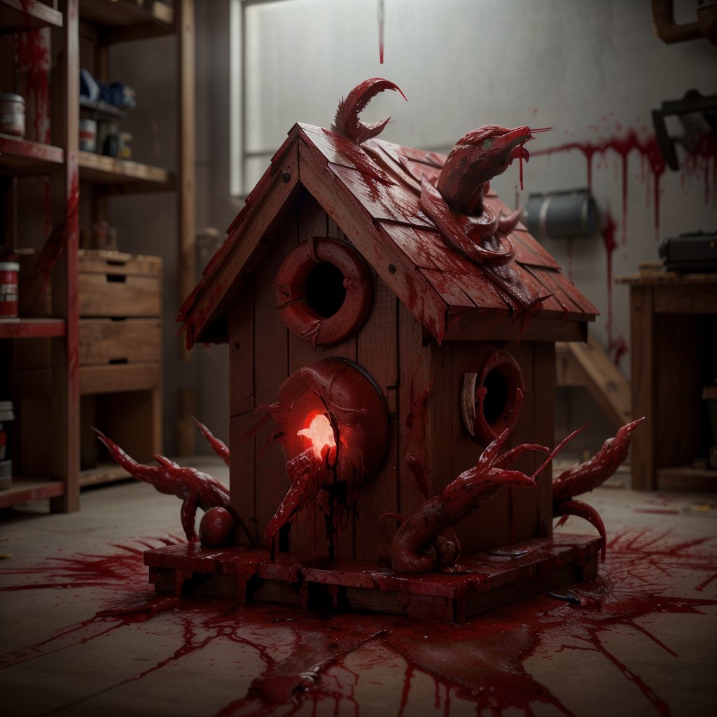 CarnageStyle, (blood_red:1.5), crafting a wooden birdhouse in a garage workshop, <lora:CarnageStyle:0.5>, abyss,wet,fluid, (Masterpiece:1.3) (best quality:1.2) (high quality:1.1)