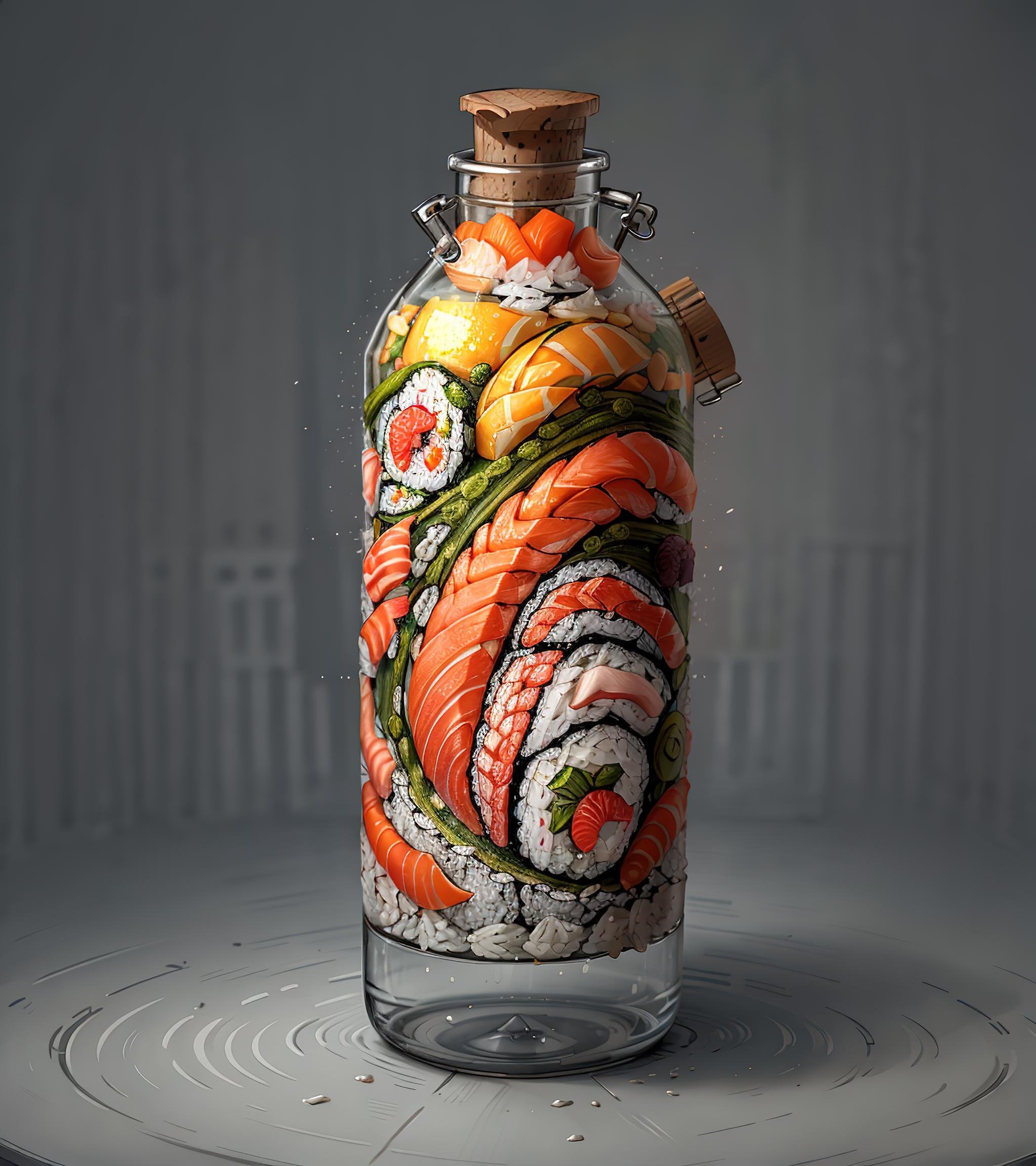 <lora:SushiStyle v1:1> SushiStyle bottle