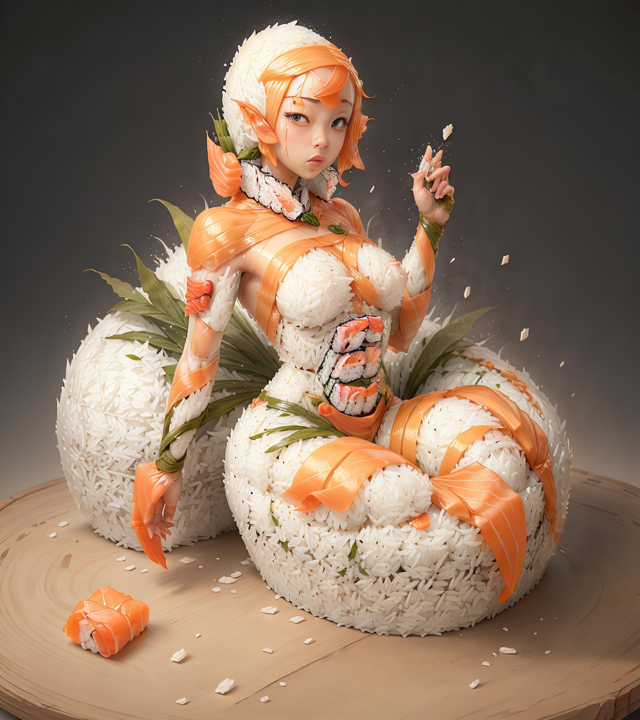 <lora:SushiStyle v1:1> SushiStyle body made out of rice, rice skin