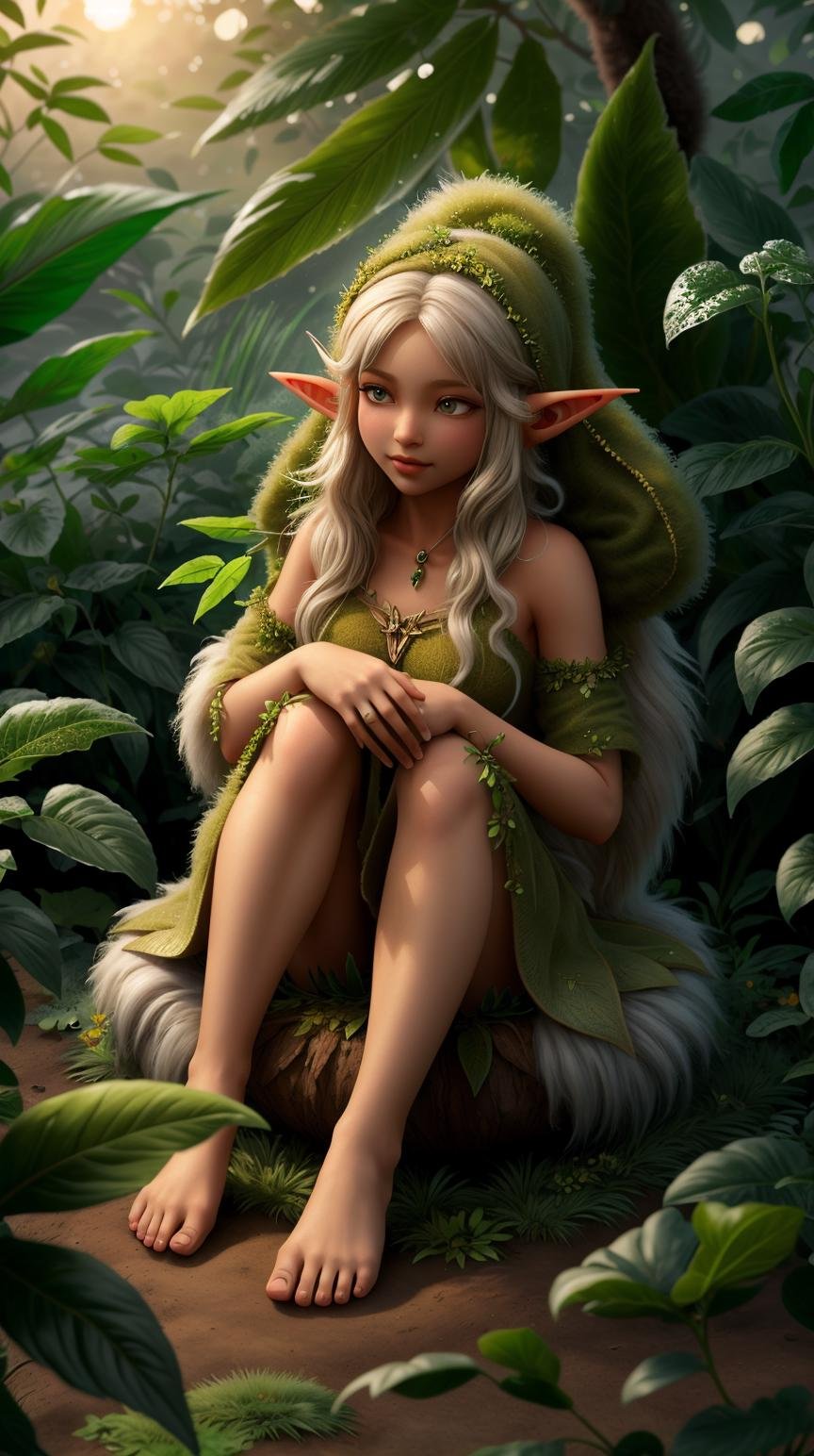 <lora:FluffyStyle:1> FluffyStyle an elf greeting the first light of dawn seated on a dewy leaf in the enchanted garden, epiCRealism