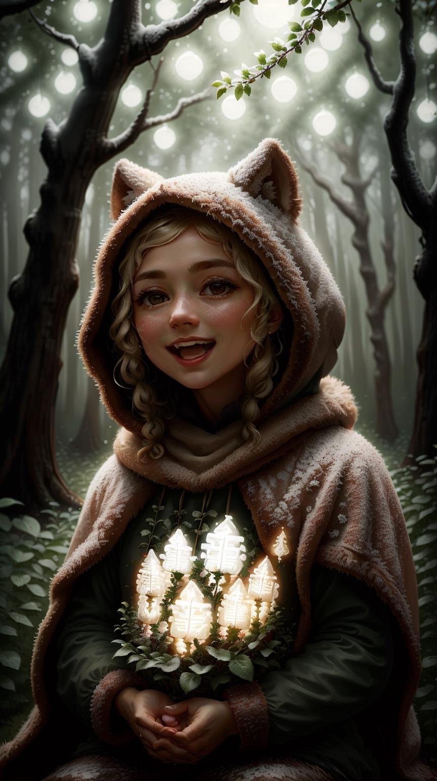SemlaStyle character focus portrait, solo, upper body, looking up, detailed background, detailed face, (renaissance theme:1.1), joyful expression, forest druid, wearing natural colored brown clothes, hood, fur-lined,  feathers, sitting, healing spell, runes,  magic lights, glowing orbs,  (Style-SwampMagic:0.4), floating particles,   vines, roots,  stones,  mushrooms,  plants, bushes,  backlighting,  forest in background, natural peaceful atmosphere,  <lora:SemlaStyle-000007:0.7>