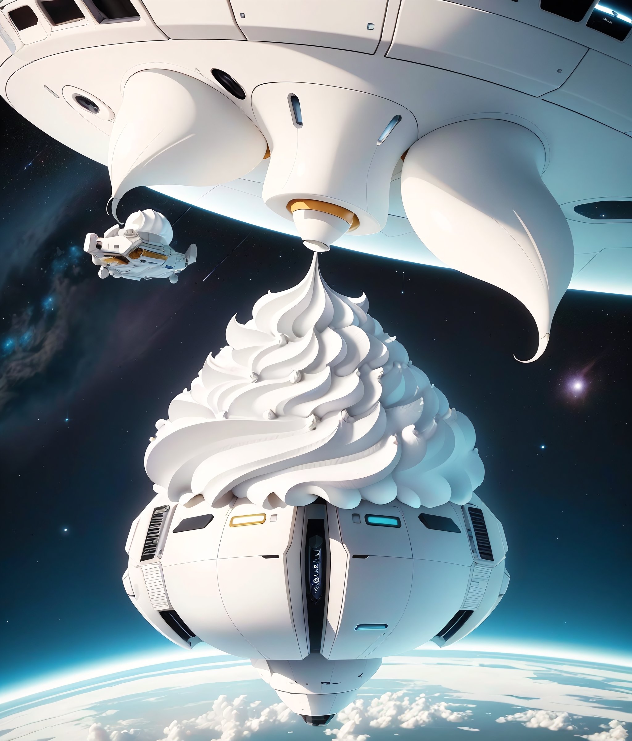 <lora:WhippedCreamTopStyle:0.8> WhippedCreamTopStyle spaceship flying in space