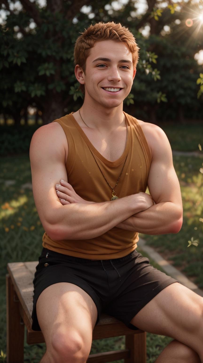 male, solo, Masterpiece, RAW photography, smiling, sitting, knees up, elbows bent, outdoors, <lora:PinkSkin:0.75>, auburn sleeveless shirt, (lens flare:1.2), golden hour, DOF, blurry background, (freckled skin:0.6),( detailed skin:0.8), detailed face, freckled face, glossy skin, ring, (red colored hair:1.1 with Brown streaks)