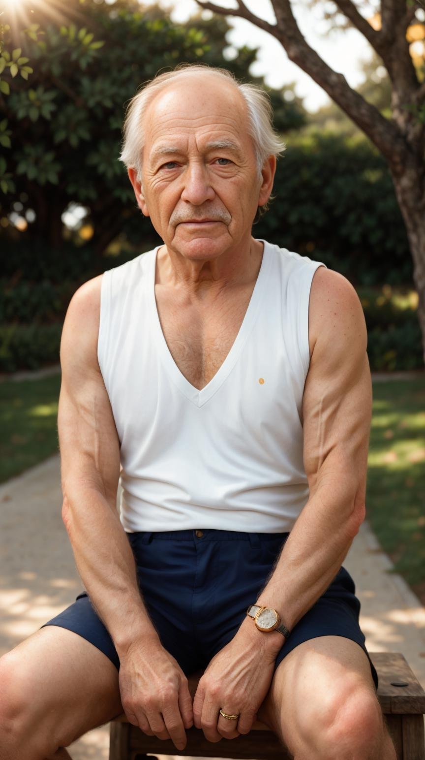 old wrinkly man, Masterpiece, RAW photography, (indifferent:0.8 expression), sitting down, knees up, elbows bent, outside in sunlight, <lora:PinkSkin:0.75>, sleeveless __colorprimary__ colored shirt, shorts, __colorprimary__ hair, lens flare  golden hour, DOF, blurry background, (freckled skin:0.6),( detailed skin:0.8), detailed face, freckled face, glossy skin