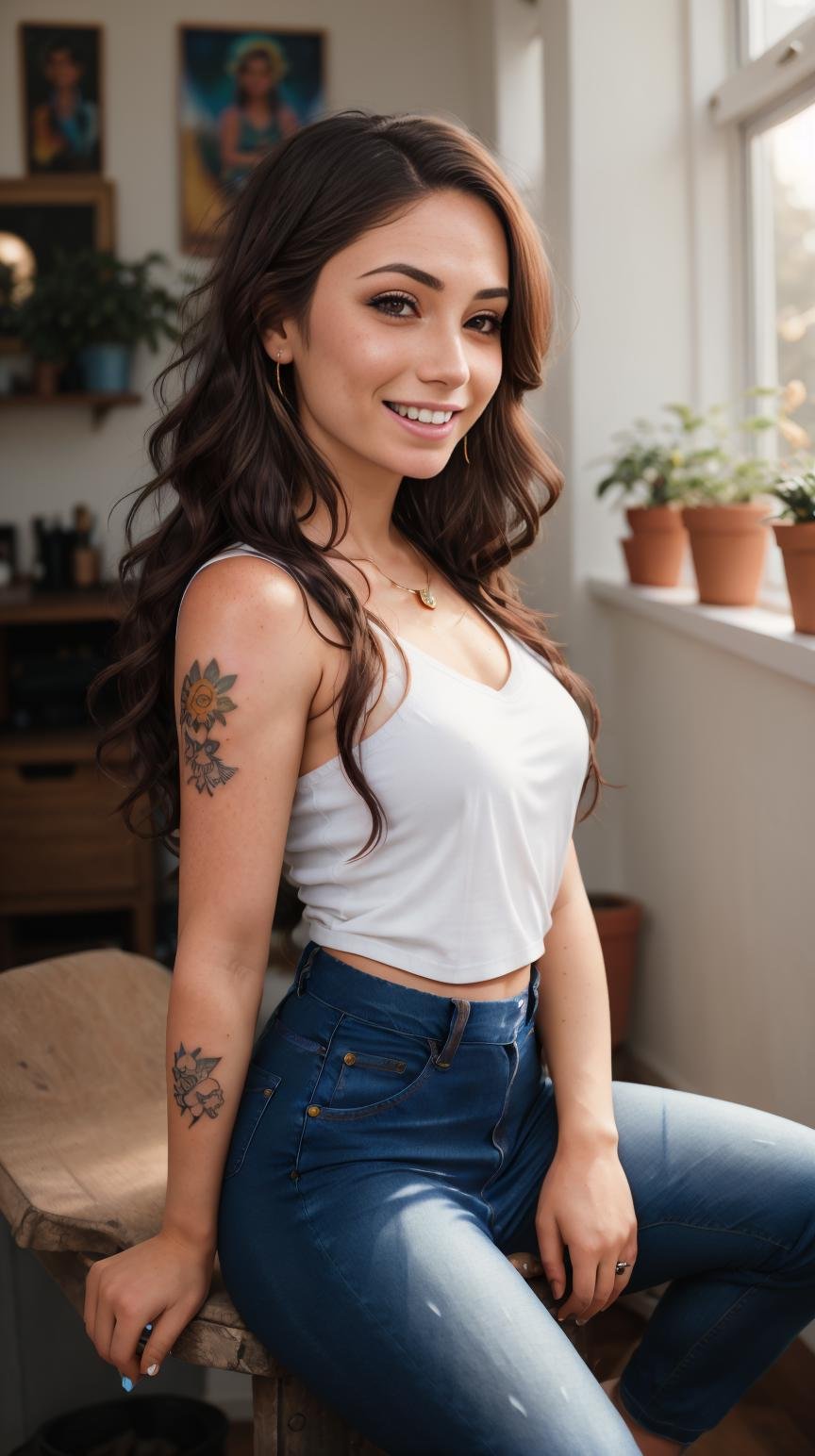 woman, solo, Masterpiece, RAW photography, smiling, sitting, knees up, elbows bent, indoors, <lora:PinkSkin:0.75>, burgundy sleeveless shirt, (jeans skirt), (lens flare:1.2), golden hour, DOF, blurry background, (freckled skin:0.6),( detailed skin:0.8), detailed face, freckled face, glossy skin, watch, (arm tattoo), (teeth bracers:1.1) (dark blonde colored hair:1.1 with Silver streaks)