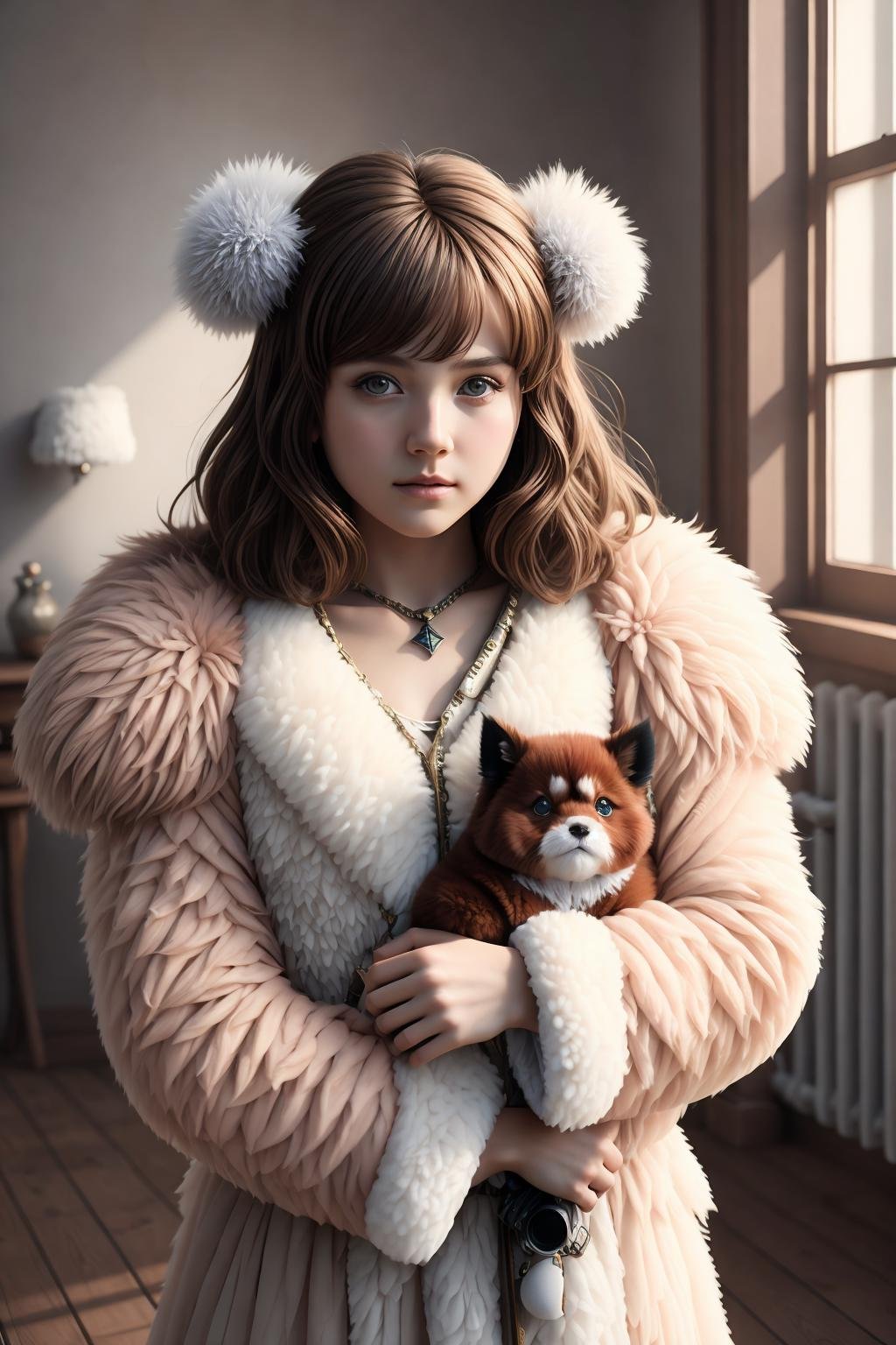<lora:Loha_PchtV1:0.7>masterpiece, highly detailed photorealistic 8k raw photography, best cinematic quality, volumetric lighting, volumetric shadows, 1girl with pcht in arms, low-angle shot, house interior background, spongy fluffy furr