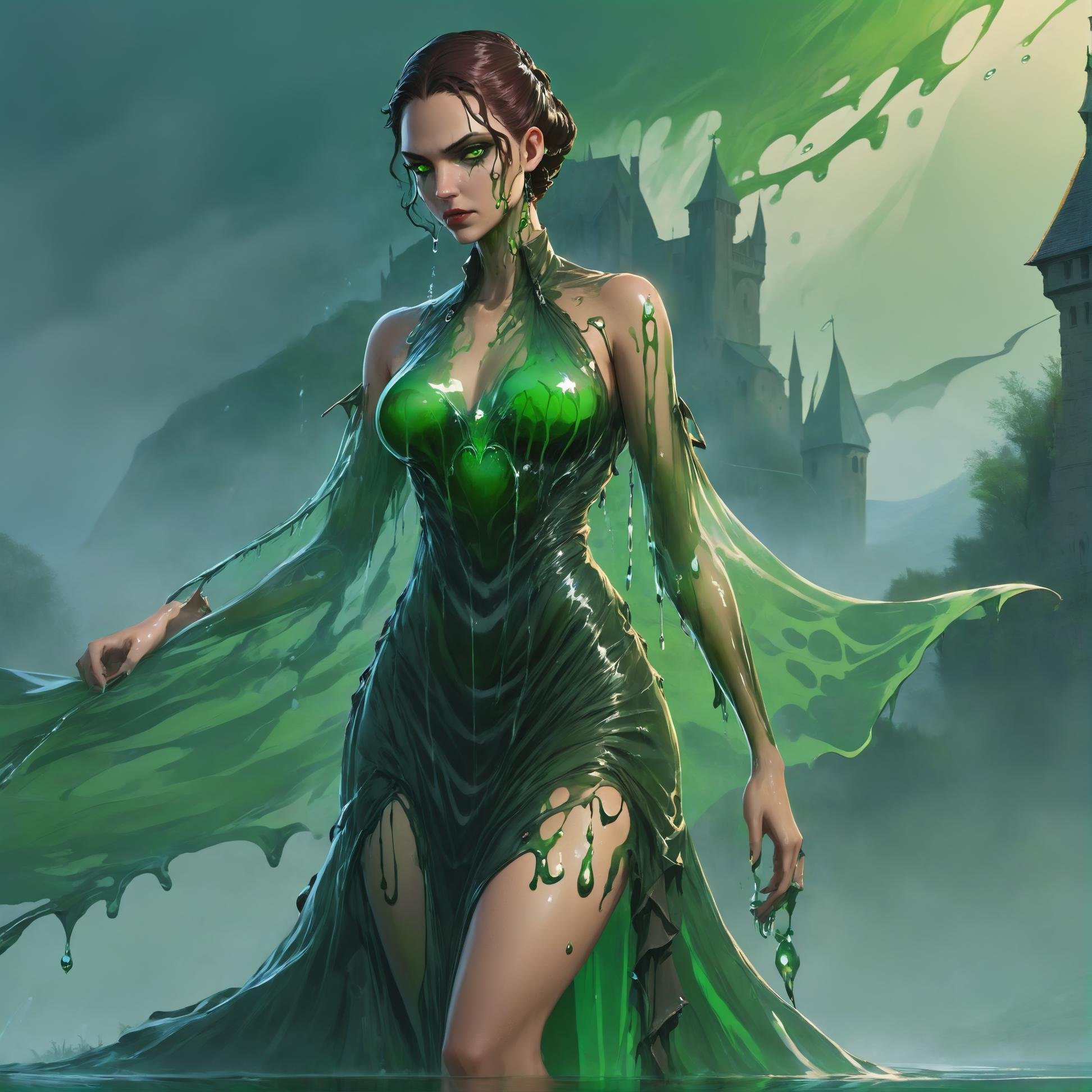 liquid dress, concept art, concept art, Ugly hefty (Female Vampire hunter:1.2) , Side swept hairstyle, grass, Foggy, Medieval art, appealing Green eyes, extremely detailed CG Unity 8k wallpaper, <lora:xl_liquid_dress-1.0:1>