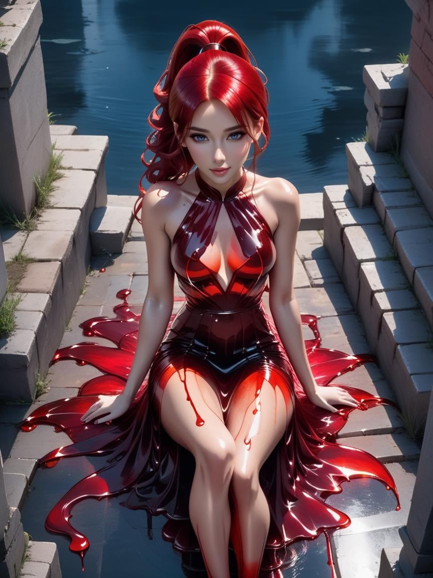 breathtaking a beautiful woman wearing a Racing Red (liquid dress) Sitting cross-legged on the ground in Midgar, <lora:xl_liquid_dress-1.0:1>,Overhead Shot, from behind, [full body],interested,Low Ponytail,Red hair, . award-winning, professional, highly detailed