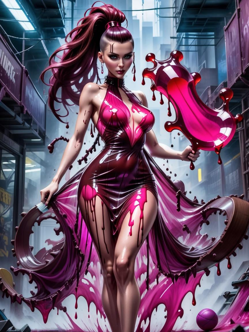 Fighting game style a beautiful woman wearing a Cerise (liquid dress) Posing with a sports equipment in City of the Damned, <lora:xl_liquid_dress-1.0:1>,High Angle, from behind, [full body],:q,Faux Hawk,Mahogany hair, . Dynamic, vibrant, action-packed, detailed character design, reminiscent of fighting video games