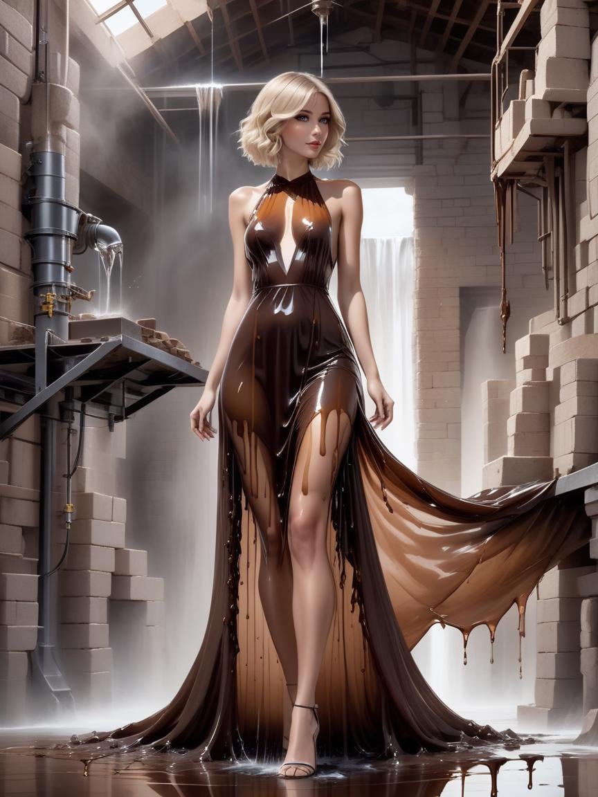 breathtaking a beautiful woman wearing a Medium Brown (liquid dress) Swaggering in Masonry workshop, <lora:xl_liquid_dress-1.0:1>,Crane Shot, from side, [full body],thirsty,Lob (Long Bob),Ash Blonde hair, . award-winning, professional, highly detailed