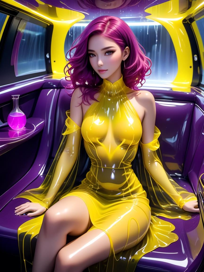 neonpunk style a beautiful woman wearing a Bright Yellow ((liquid dress)) sitting with a sultry pose in a (futuristic limousine), high class, rich woman, <lora:xl_liquid_dress-1.0:0.8>, sexy, crossed legs, reclining,Extreme Close-Up, from behind, [full body],:q,Crew Cut,Ginger hair, . cyberpunk, vaporwave, neon, vibes, vibrant, stunningly beautiful, crisp, detailed, sleek, ultramodern, high contrast, purple shadows, magenta highlights, cinematic, ultra detailed, intricate, professional