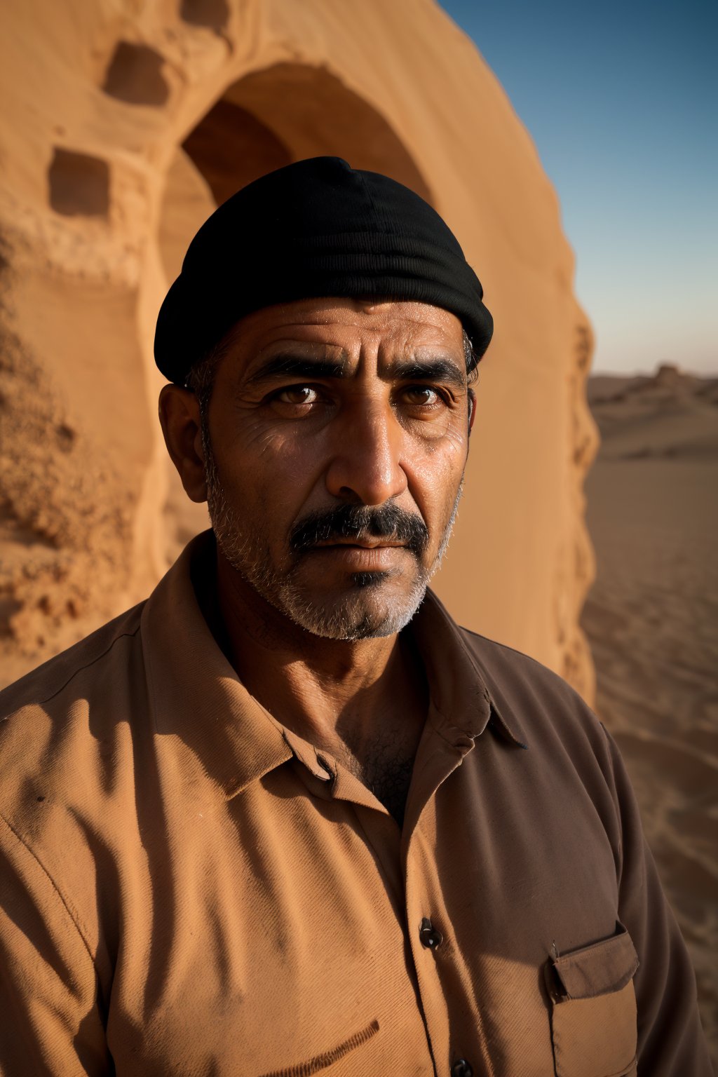 (best quality,4k,8k,highres,masterpiece:1.2),ultra-detailed,(realistic,photorealistic,photo-realistic:1.37),professional, hdr, photograph, arab man worker, 80mm, desert, barren landscape, medium closeup, moles skin, soft light, sharp focus, exposure, muted colors, dim colors, soothing tones