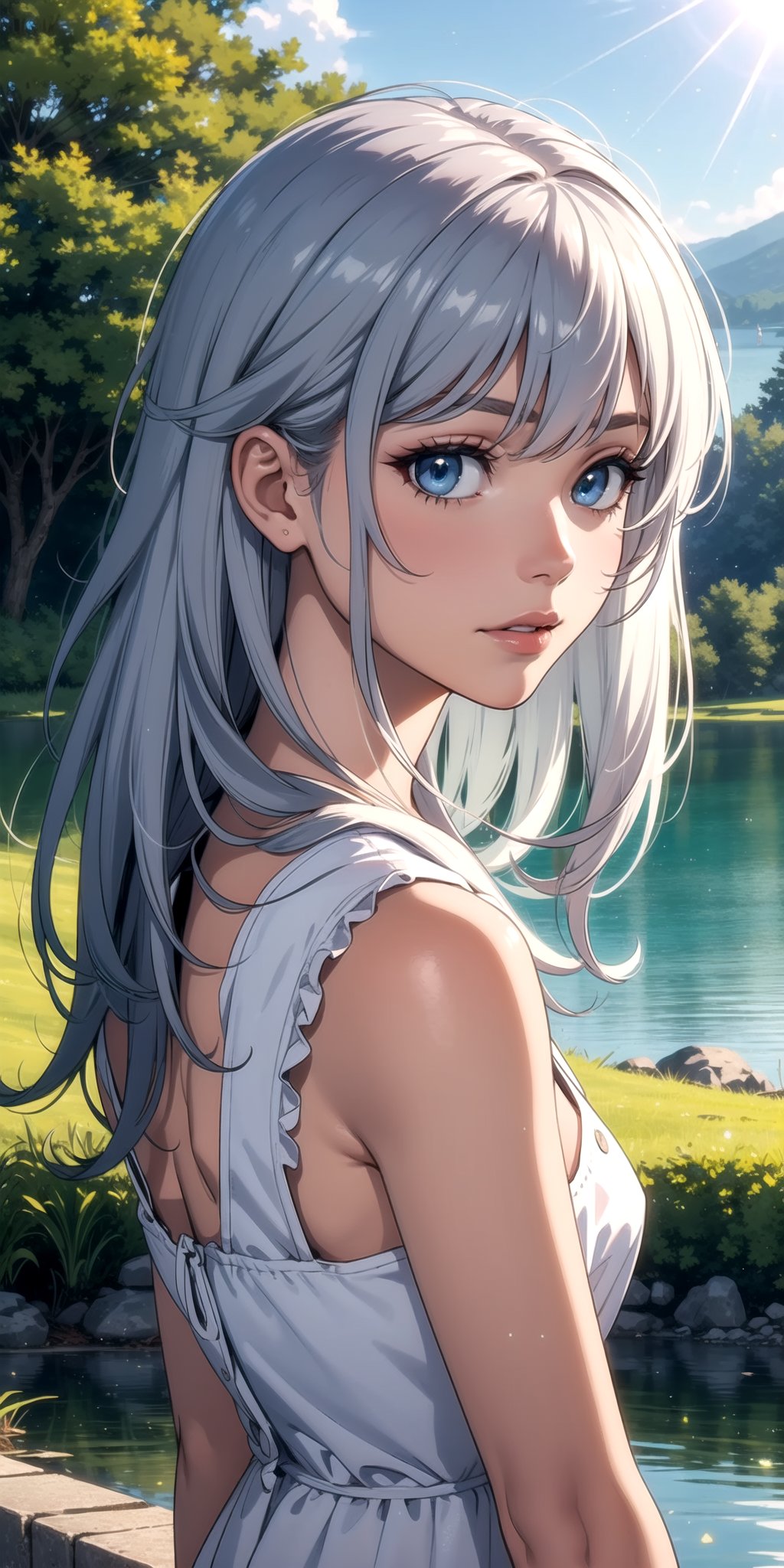 (masterpiece, best quality), 1girl, silver hair, blue eyes, nature, sunlight, lake, light particle, messy hair,