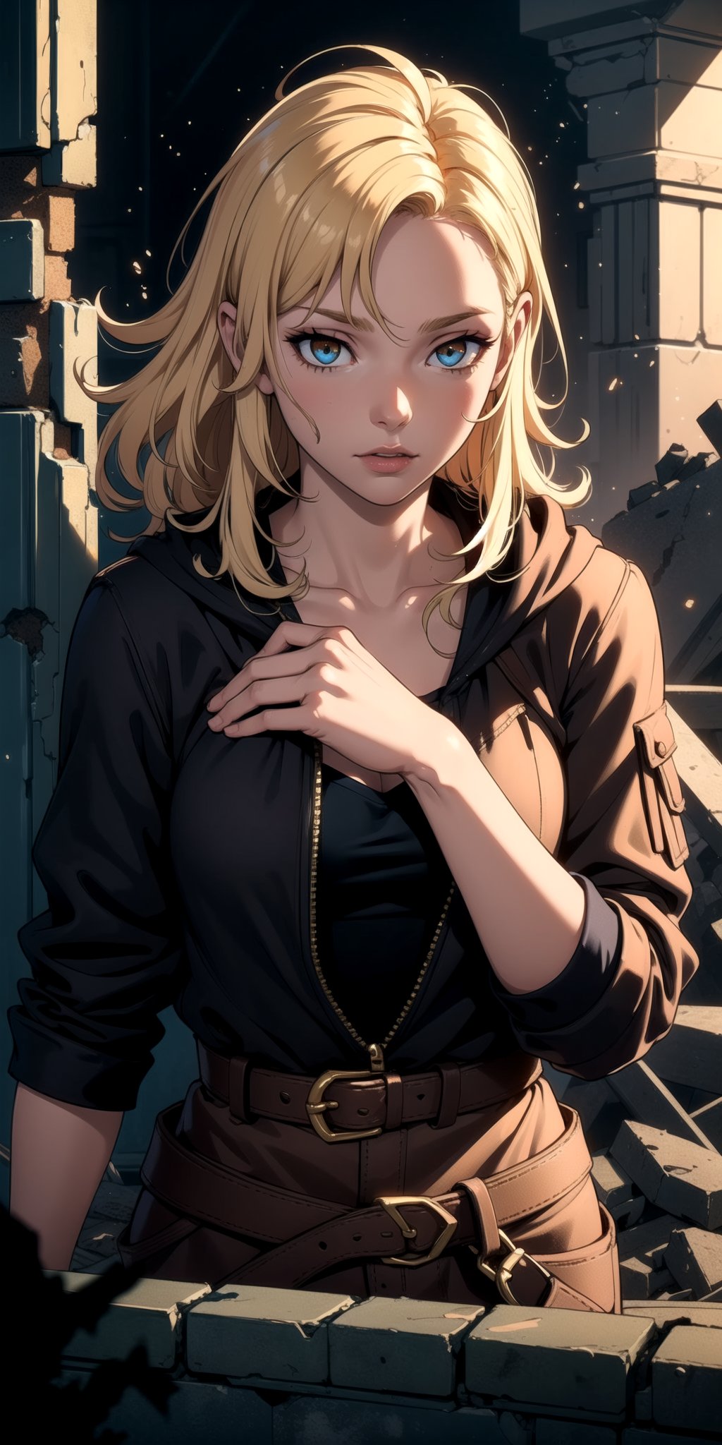 (masterpiece, best quality), 1girl, blonde hair, golden eyes, sidelocks, fantasy, post-apocalypse, ruins, scenery, light particle, messy hair,