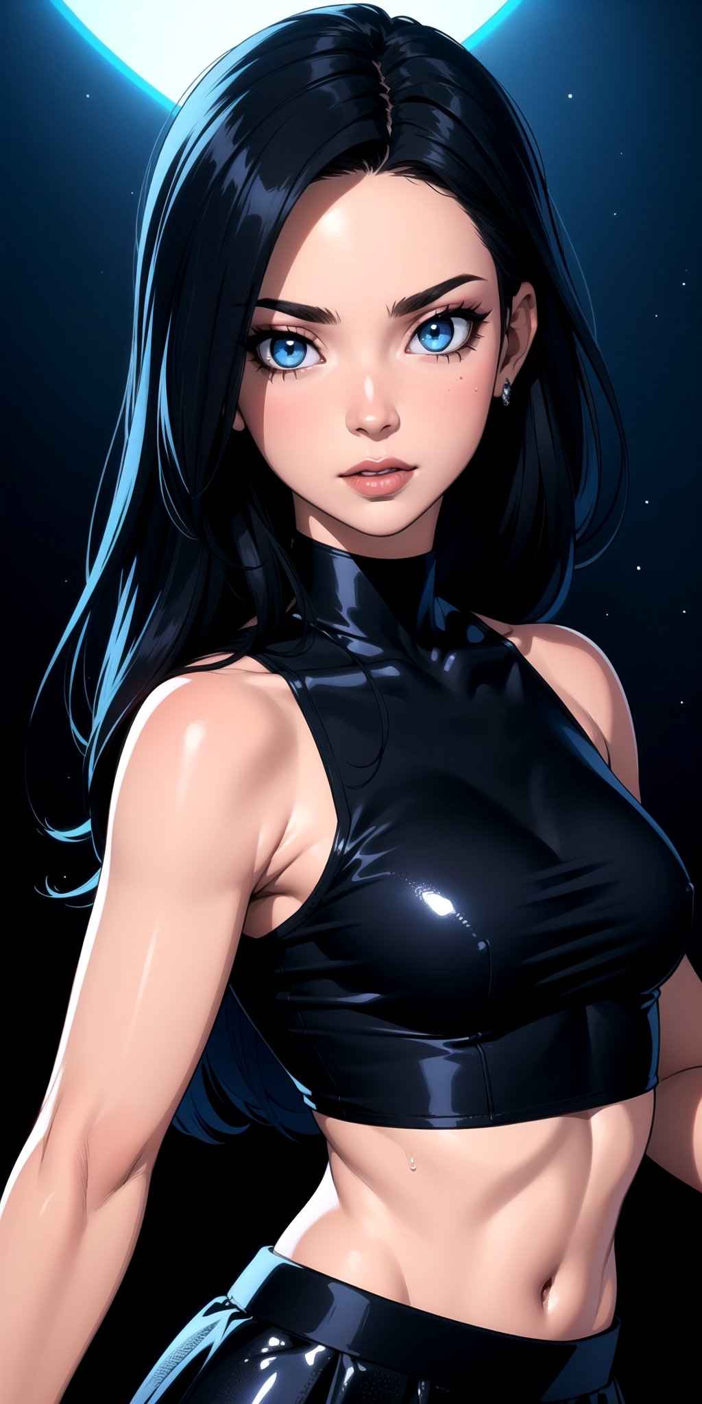 (masterpiece, best quality), 1girl, solo, mature, sexy, highly detailed face and eyes, professional makeup, black sequin sleeveless cropped top, skirt, blue-black dual tone long hair, glowing blue eyes