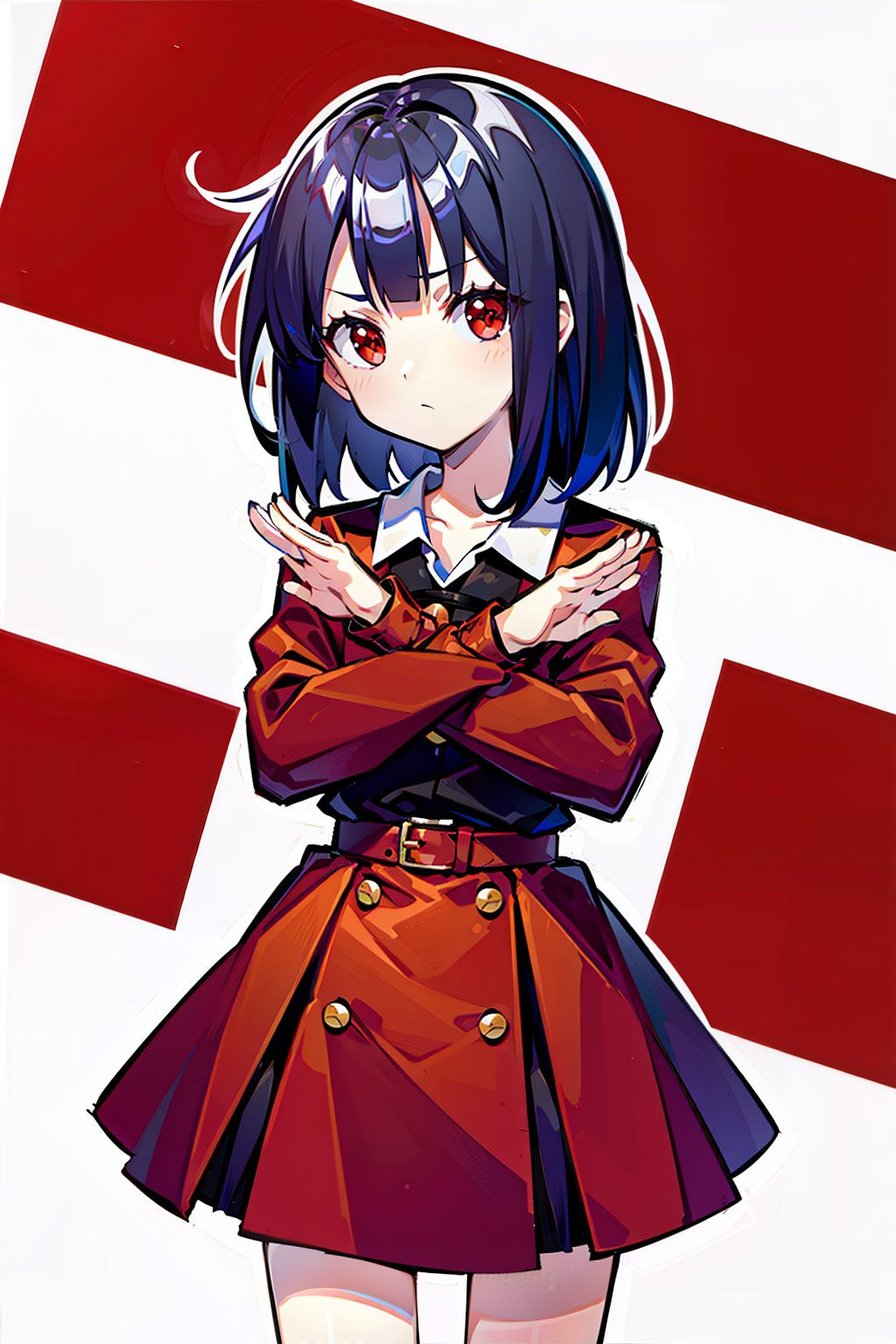 masterpiece, best quality, highres, simple background, white background, pov, 1girl, black hair, medium hair, red eyes, jacket, shirt, skirt, x-arms, looking at viewer
