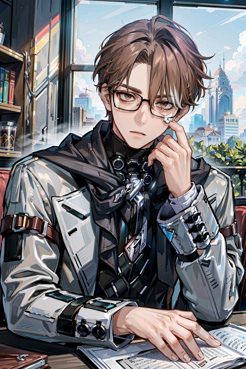 masterpiece, best quality, highres, pov, 1boy, upper body, glasses, grey coat, brown scarf, white shirt, multicolored hair, brown hair, detailed face, park, sitting on park, pensative, looking at the floor, grey sky, haze