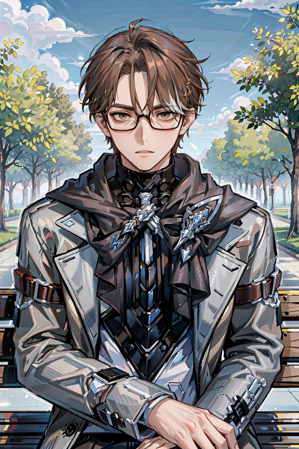 masterpiece, best quality, highres, 1boy, upper body, glasses, grey coat, brown scarf, white shirt, multicolored hair, brown hair, detailed face, sitting on a bench, on a park, pensative, looking at the floor, grey sky, clear sky, haze, tree, 