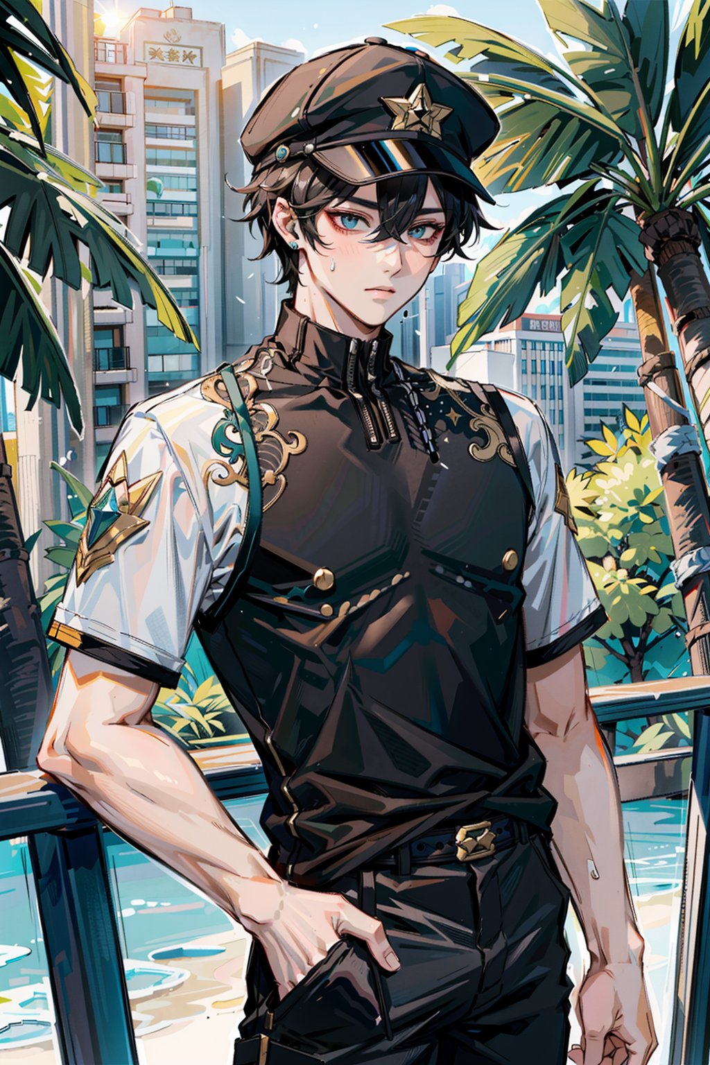 masterpiece, best quality, highres, 1man, upper body, Dan Heng, Honkai Star Rail, pov, standing in a park, alternate outfit, black shirt, short sleeves, tight clothes, balch short pants, black sport cap, wearing a cap, sweat, sun, summer