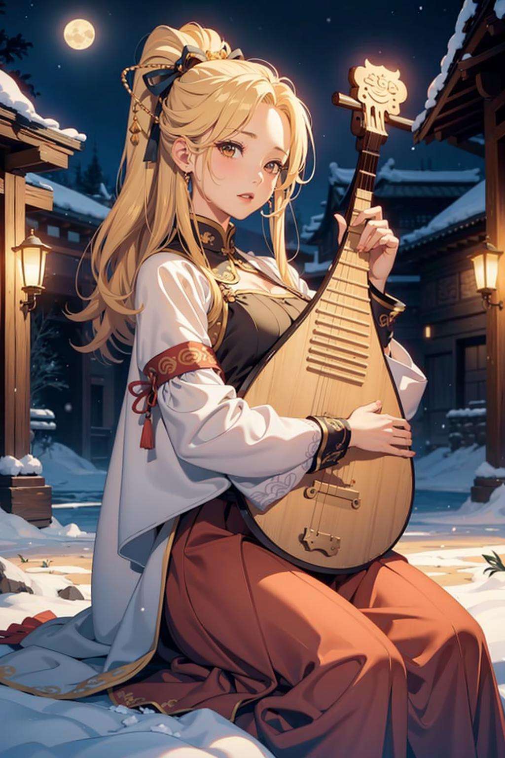 1girl, (playing_pipa, holding pipa), big breasts, moon,golden hair, Ancient Chinese fortresses background, city walls, desert, snow, outdoors, realistic, masterpiece, best quality, 8k, photorealistic, close up, sitting, <lora:pipa_v1a:0.73>