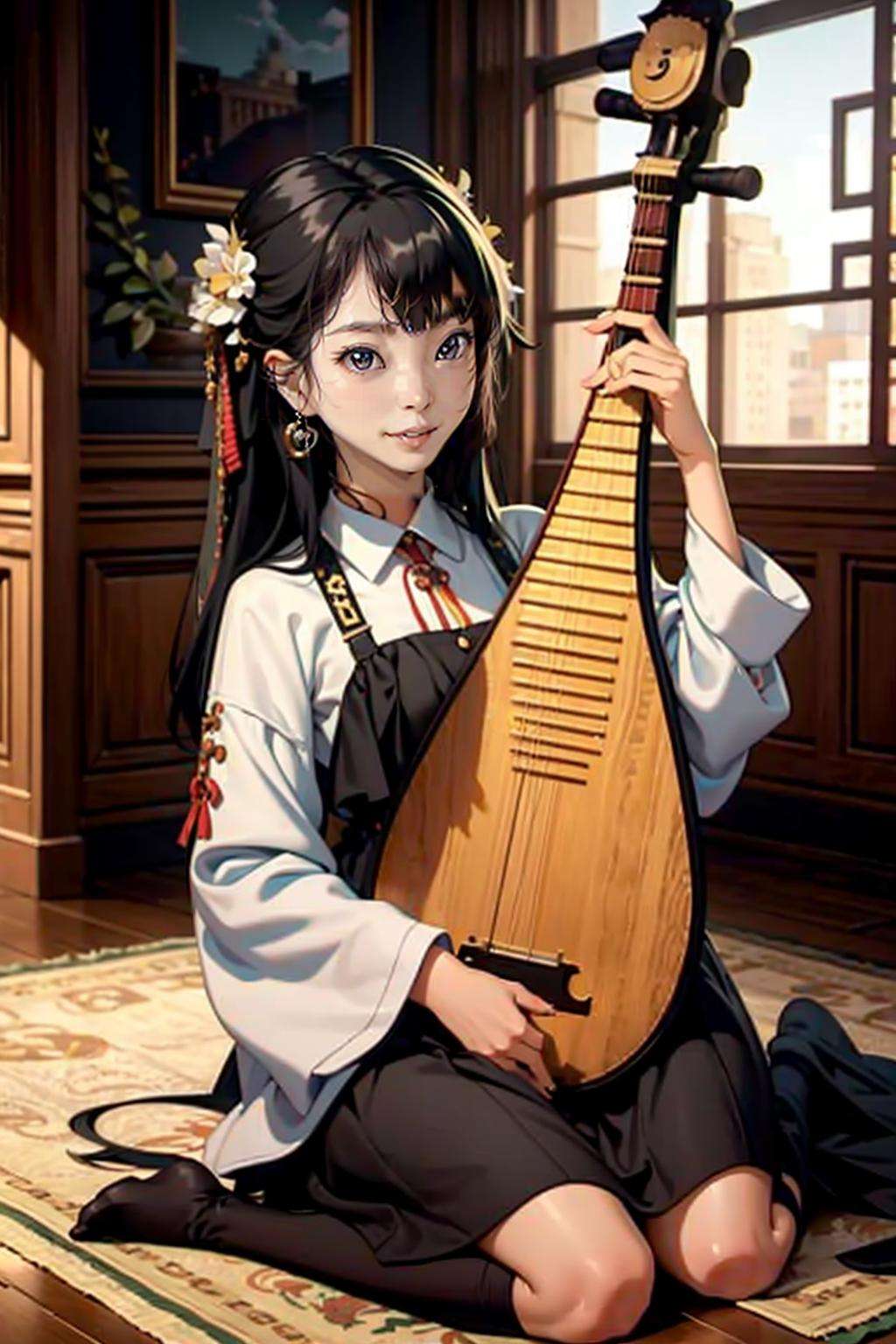 1girl, (playing_pipa, holding pipa), indoors, black hair,  palace,  masterpiece, best quality, 8k,  close up,  <lora:pipa_v1a:0.73>, sitting