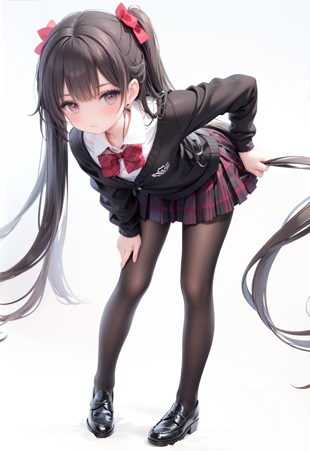  1girl, solo, pantyhose, skirt, long hair, loafers, shoes, simple background, school uniform, brown eyes, plaid, black pantyhose, plaid skirt, looking at viewer, black hair, pantyhose pull, full body, clothes pull, black footwear, pleated skirt, leaning forward, bangs, long sleeves, bent over, cardigan, bow, bowtie, standing, closed mouth, pulled by self, grey background, blush, miniskirt, red bow, sweater, undressing